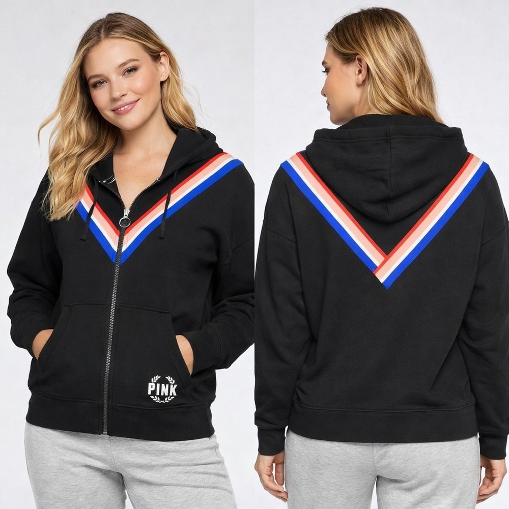 Victoria's Secret PINK Full Zip Hoodie Black V Stripe Logo Women's Medium